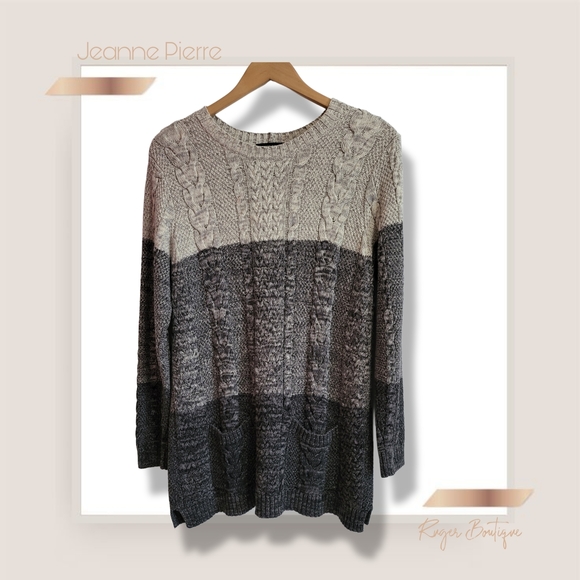 🌿Jeanne Pierre Women's XL Cable Knit Sweater Colorblock Grey Ivory Pockets - Picture 2 of 12